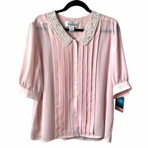 SOLD Diversity Lace Peter Pan Collar Pleated Blouse Button Up Pale Pink sz 14